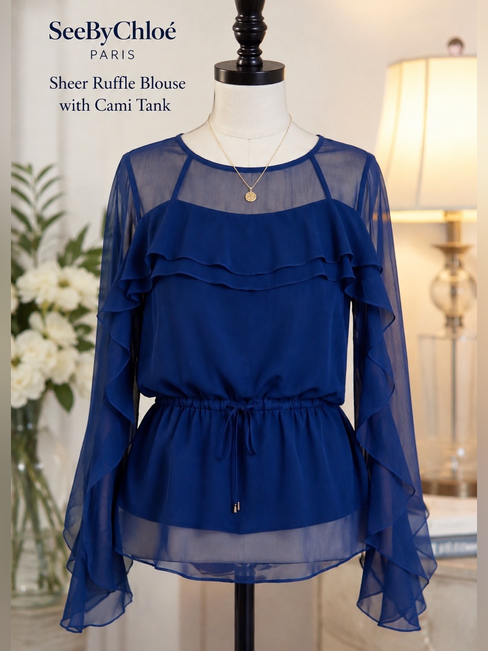 See by Chloé Navy Sheer Ruffle Blouse Cami Set Boho Romantic Designer Top